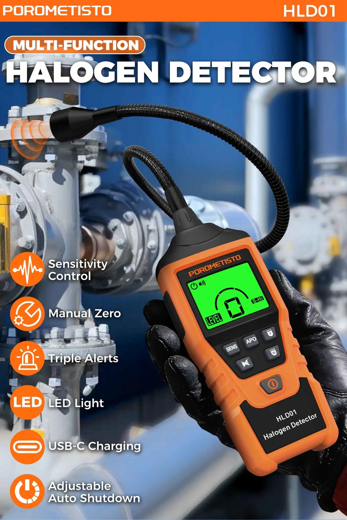 HLD01 Halogen Gas Leak Detector Rechargeable Level/Audio/Visual Alarms LED Light R134a R22 R12 High Sensitivity Gas Sensor Test