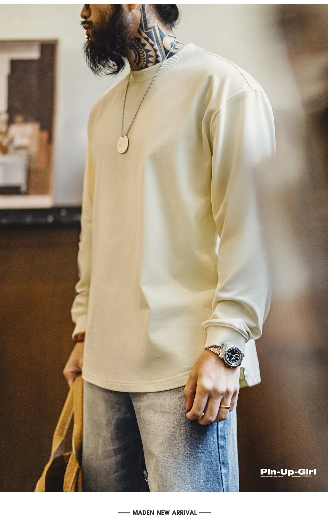 Maden Vintage Back-Printed Long-Sleeve T-Shirt Loose Casual Round-Neck Pullover for Men's Spring and Fall 60's Street-Style Tops