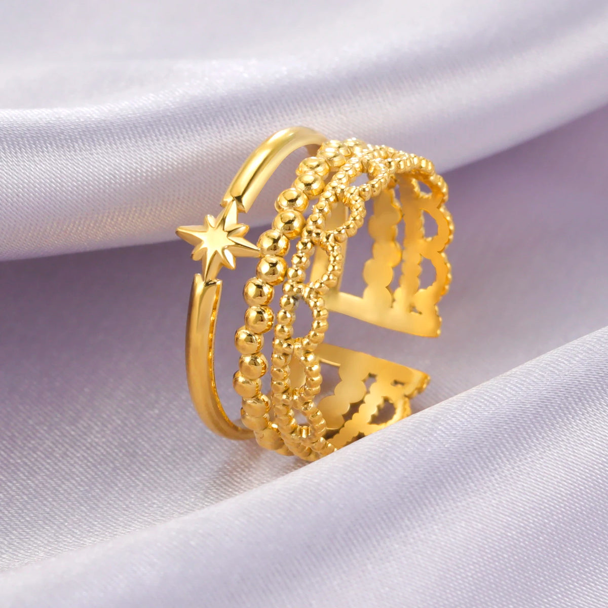 Amaxer For Women Lover's Rings Star Lace Beads Strip Stainless Steel Gold Color Silver Color Engagement Jewelry Party Gift