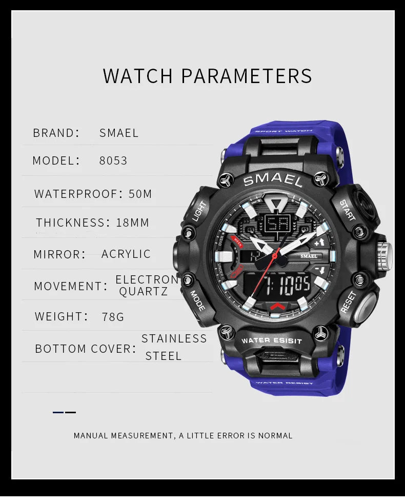 Military Watch Sport Waterproof 50M Stopwatch Analog Digital Wristwatches Week Display Alarm Clock 8053 Digital Watches Mens
