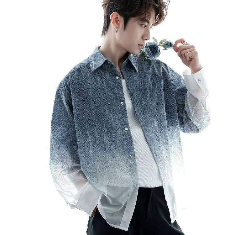 Summer Sun Protection Versatile Lightweight Long Sleeve Shirt Gradient Denim Men's Fashion Trendy Loose Top
