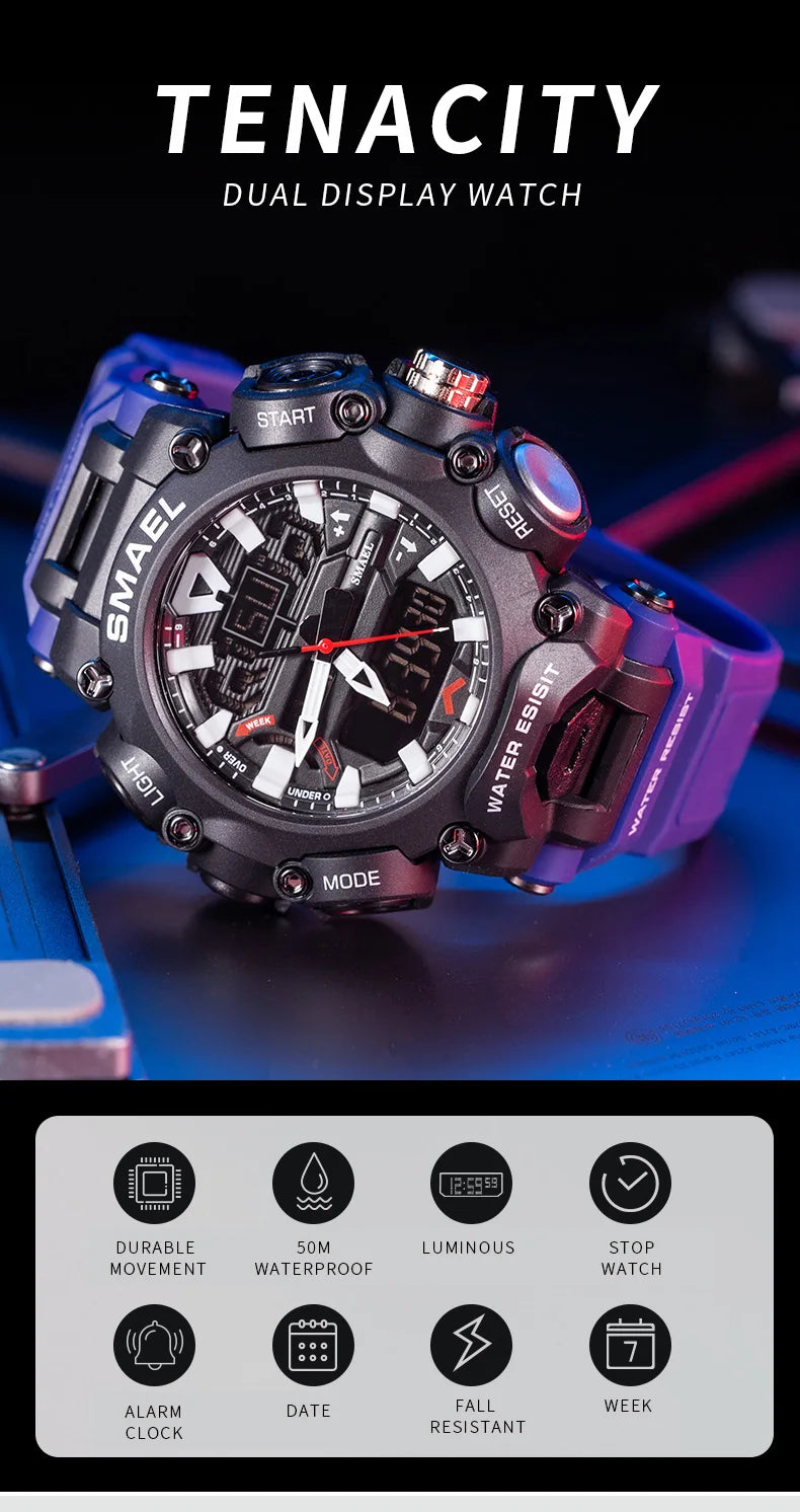 Military Watch Sport Waterproof 50M Stopwatch Analog Digital Wristwatches Week Display Alarm Clock 8053 Digital Watches Mens