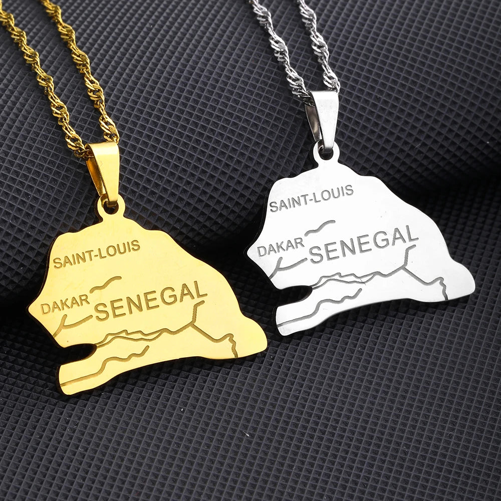 African Sénégal Map Flag Pendant Necklace Stainless Steel Men Women Senegal Maps Jewelry Gift