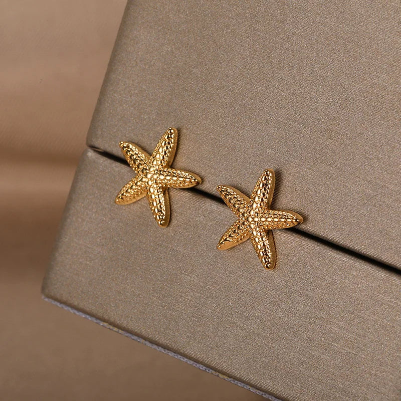 Marine Life Starfish Earrings for Women Girls Gold Color Stainless Steel Starfish Stud Earrings Summer Jewelry Seaside Gifts