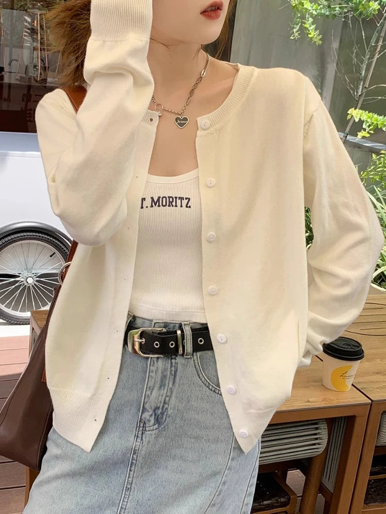 2026 Women Cardigans Sweater Casual Warm Spring Summer O-neck Long Sleeve Single Breasted Slim Fashion Korean Knitwears Tops