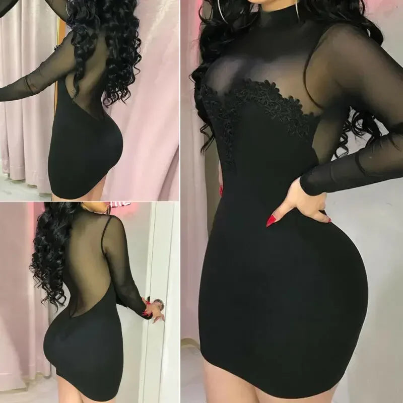 Women Elegant Mini Dress Chiffon Sexy Transparent Strapless Party Bandage Bodycon Mini Dresses Female Black Vestidos Clothes