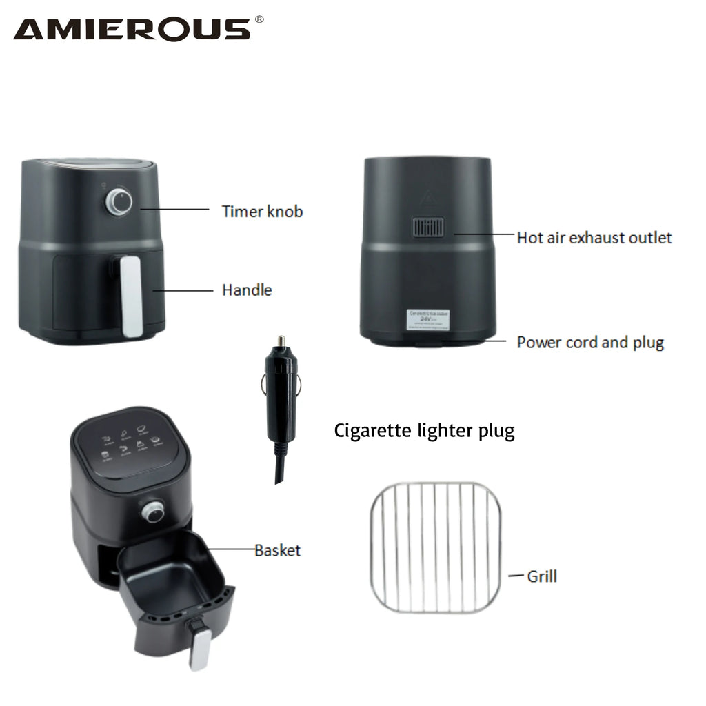 ARIER Portable Air Fryer 24V New 3.0L One-click Easy Operation Multicooker for Truck Ship Travel RV Camping Black Quick(35KD)