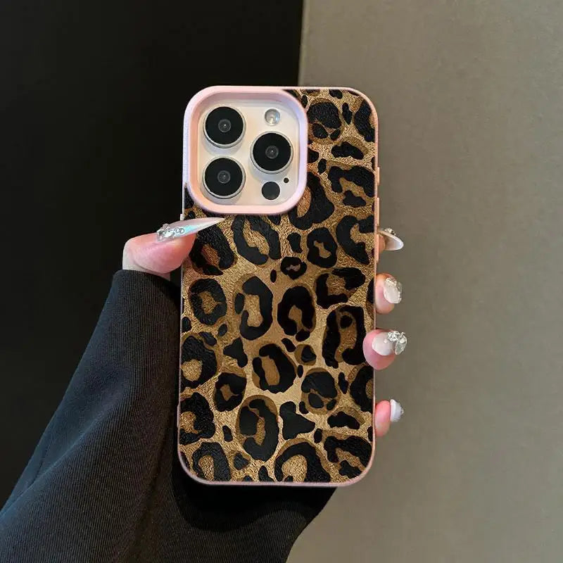 INS Brown Leopard Print Y2K Phone Case For iPhone 16 15 14 13 12 11 Pro Max Plus X XR XSMax Soft TPU Imitation Leather Cover