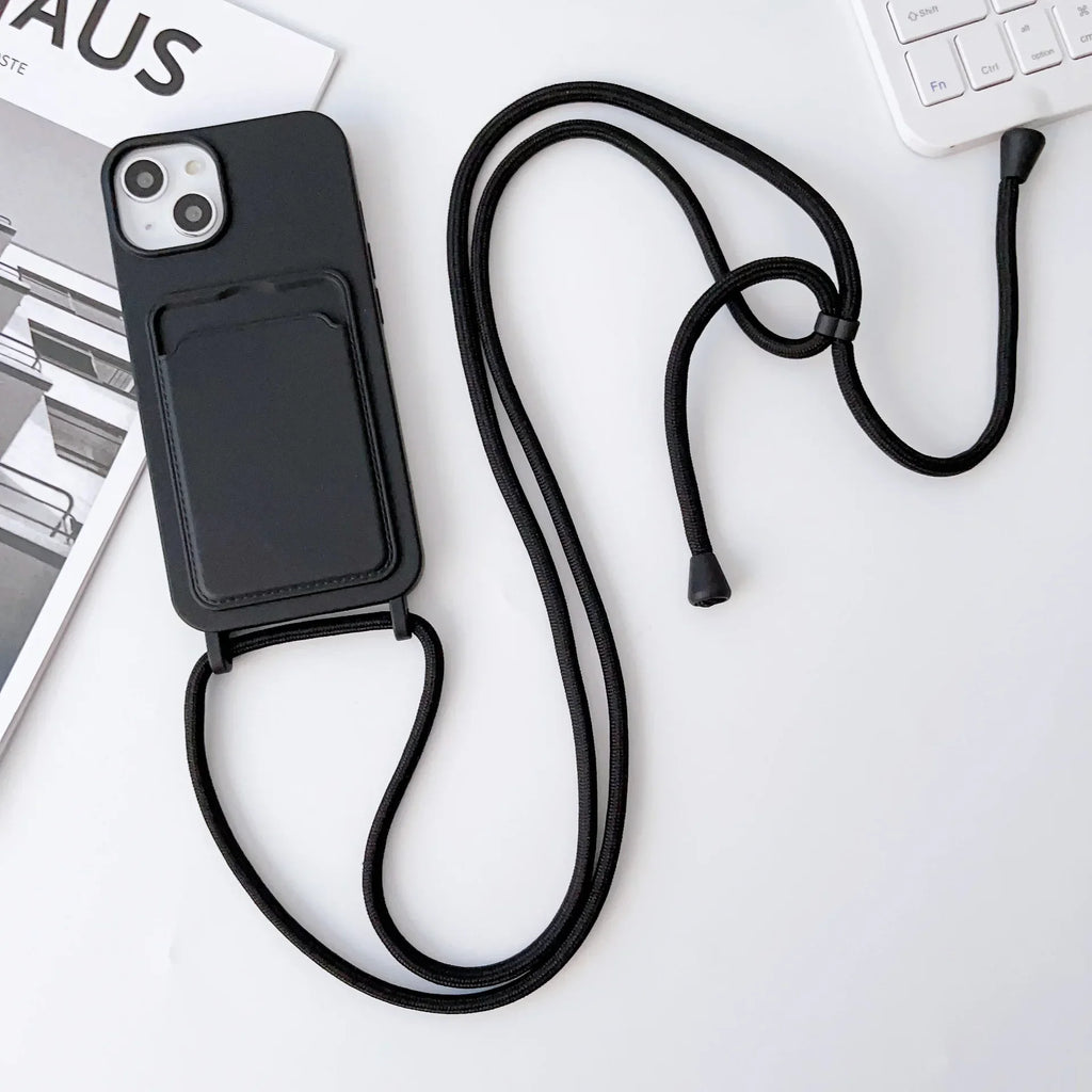 Crossboby Lanyard Rope Phone Case with Card Holder For iPhone 17 16 E 15 14 13 12 11 Pro Max Necklace Strap Soft Silicone Cover