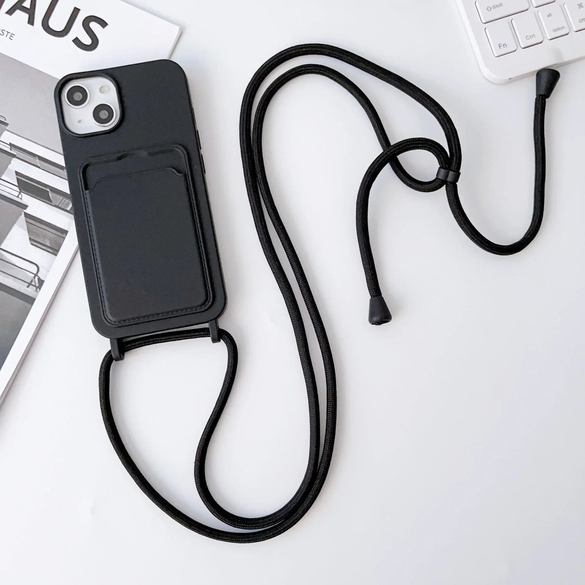 Crossboby Lanyard Rope Phone Case with Card Holder For iPhone 17 16 E 15 14 13 12 11 Pro Max Necklace Strap Soft Silicone Cover