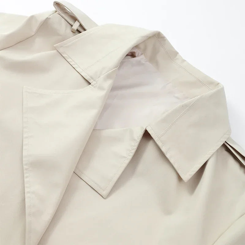 Solid Belted Waist Short Trench Coat Women Chic Wide Lapel Epaulet Detail Loose Long Sleeve Coats Fall Daily Commuter Outerwear