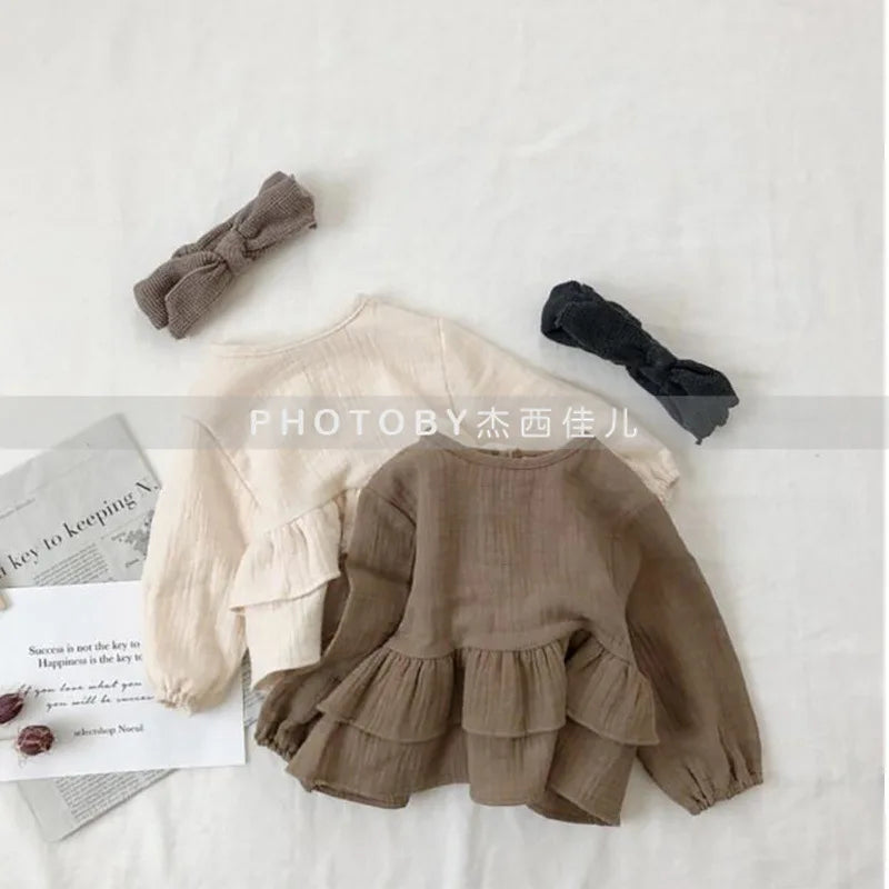 Children's Korean Version Spring and Autumn New T-shirt, Girls' Lotus Leaf Lace Drawstring Long Sleeved Cotton Yarn Top