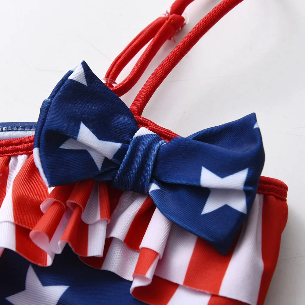 DXTON Girls 2 pcs Swimwear Suit Kids Flag Print Stars Stripe Swimsuit Children Bikini Sets for Summer Beachwear Bathing suit
