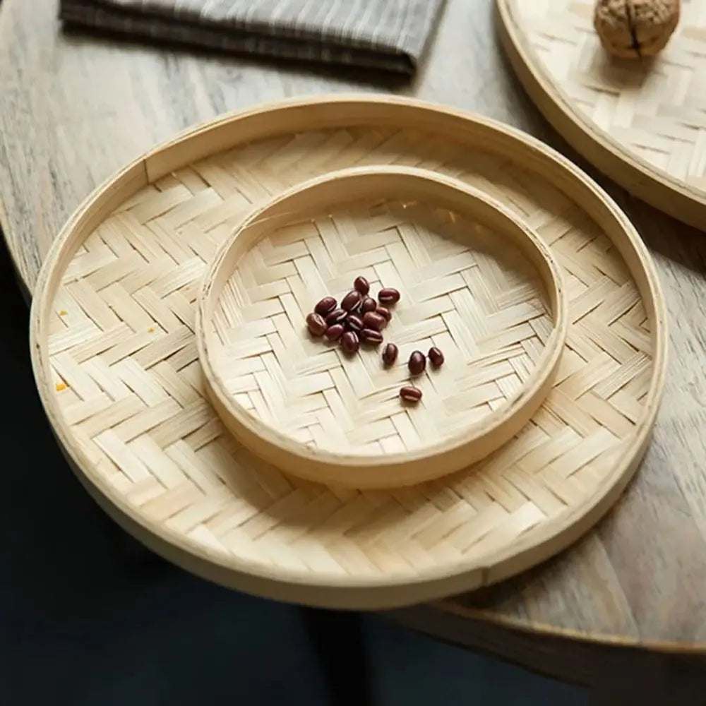 4 Size Hand-woven Bamboo Sieve Hand-painted Bamboo Raft Round Dustpan DIY Decorative Fruit Bread Basket Kitchen Storage Tray