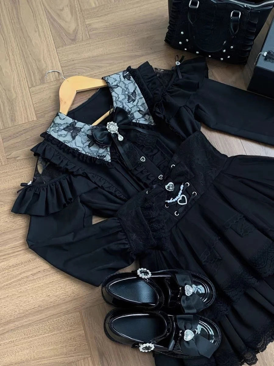 Japanese Sweet Lolita Blouse Long Sleeve Women Casual Skirts Lace Ruffle Blouse Y2K Harajuku Y2K Kawaii Subculture Outfit 2026
