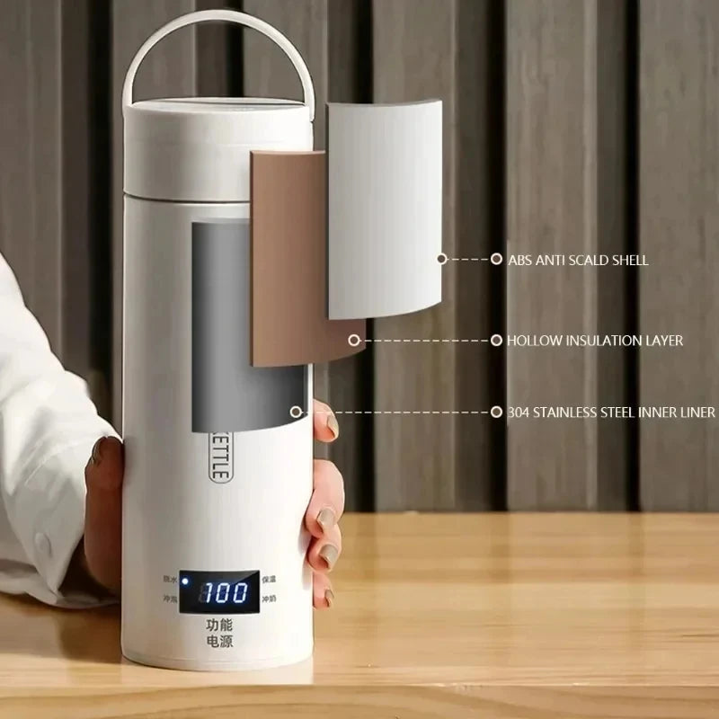 450ML Electric Kettles Portable Tea Coffee Kettle Travel Boil Water Thermal Cup Anti-Scald Water Bottle English Menu
