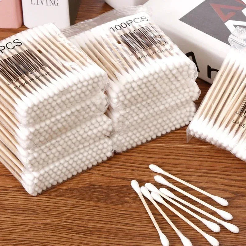 Square Bamboo Cover Double Head Cotton Swab Storage Box Cotton Buds Container Transparent Cotton Swab Toothpick Organize Box