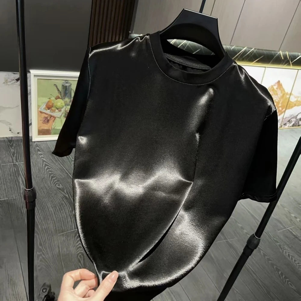 Mens Acetate Fiber Satin Glossy T-Shirt Pants Two-Piece Sets Streetwear Fashion Breathable Youth Outdoor Versatile Sets 2026 New