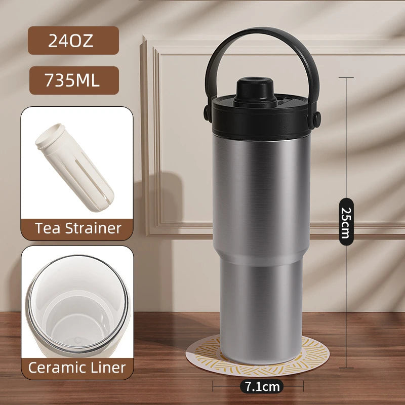 Ceramic Tumbler with Handle Thermal Mug Large 24OZ Straw Portable Cold Coffee Thermos Lined Insulated Vacuum Flask Travel Bottle