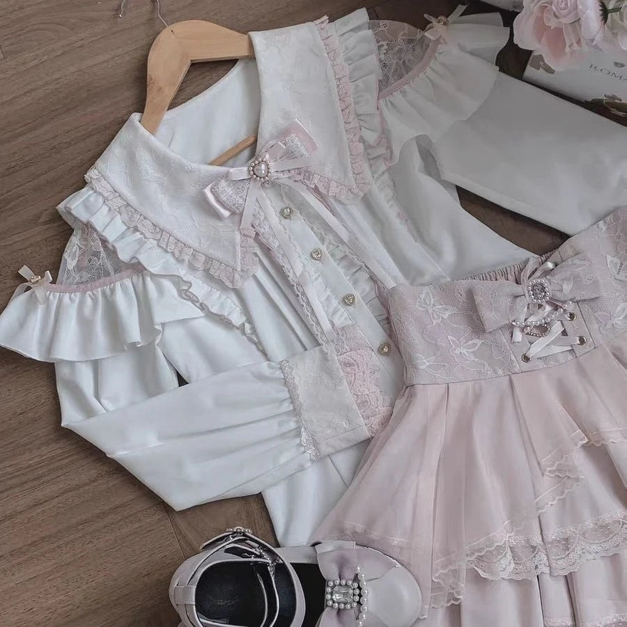 Japanese Sweet Lolita Blouse Long Sleeve Women Casual Skirts Lace Ruffle Blouse Y2K Harajuku Y2K Kawaii Subculture Outfit 2026
