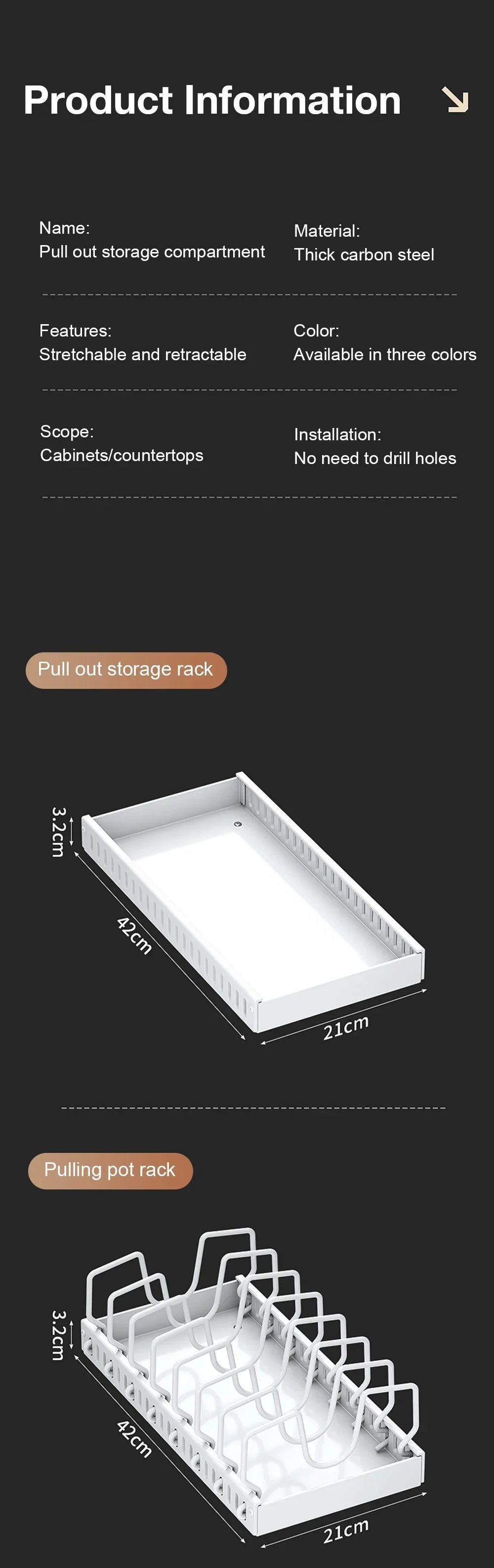 Pull‑out Sliding Kitchen Storage Rack Multifunctional Drawer Organizer for Pan Lids Spices Bowls Plates Cookware Storage