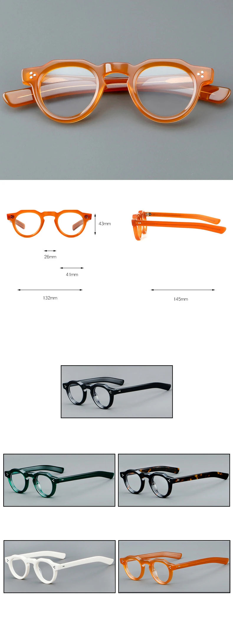57171 Vintage Round Acetate Spectacles Frame Women Fashion Rivet Optical Transparent Eyeglass Men Trend Prescription Glasses