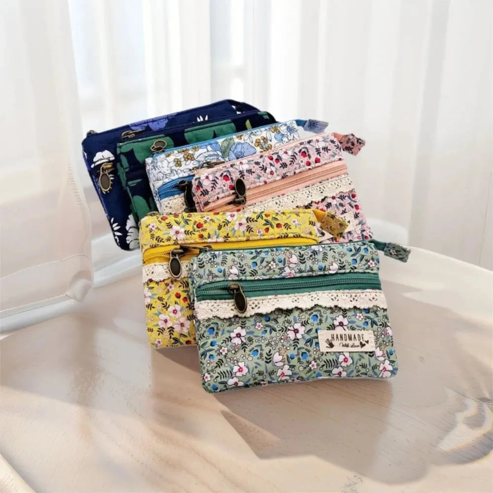 New Fashion Flower Multi-layer Cotton Fabric Coin Purse Women Card Wallet Small Change Bag Retro Canvas Female Hand Purses Pouch