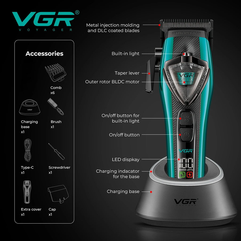 VGR Hair Clippers Adjustable Hair Trimmer External Rotor Motor Cordless Haircut Machine Digital Display Clipper for Men V-884