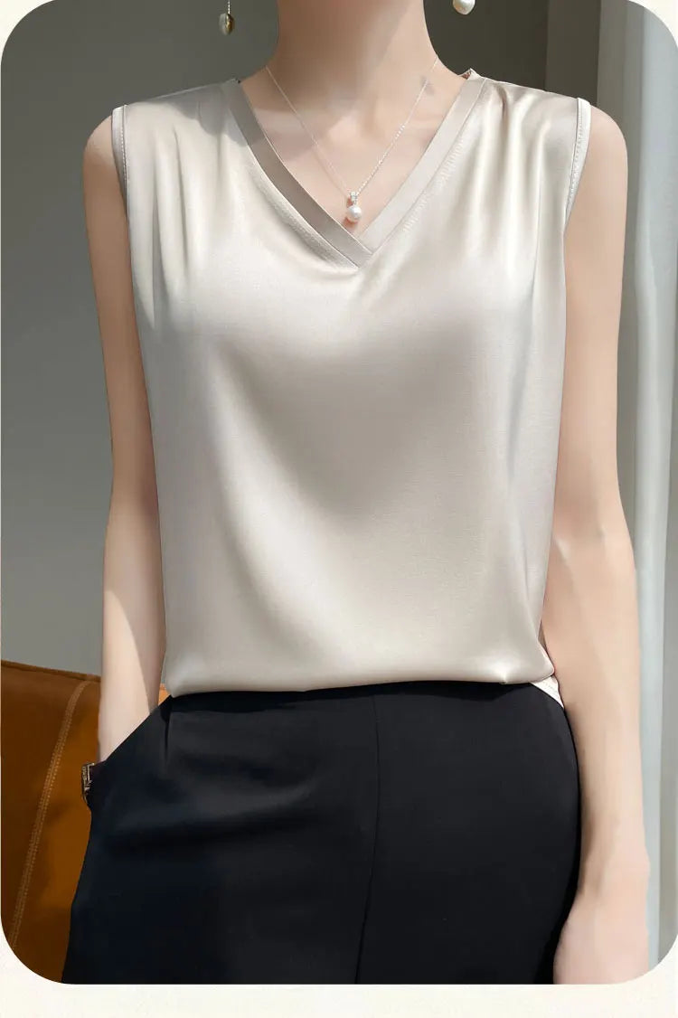 V-Neck Silk Vest Women's Summer Short Sleeved Top Acetate Satin Sleeveless Summer Shirt T-Shirt Loose Suspender Base YTM A39