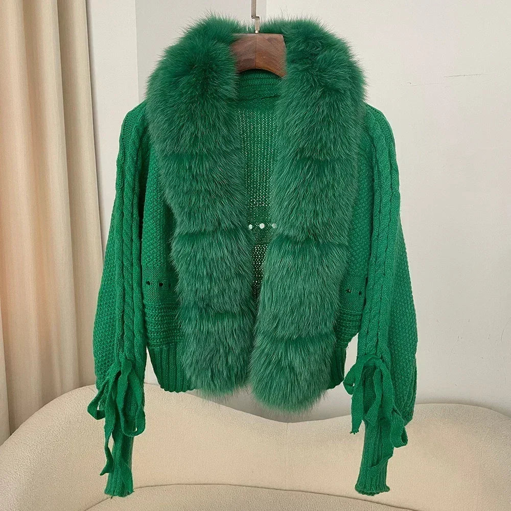 2024 Winter New Fashion Knitting Cardigan Placket Coat Women Casual Real Fox Fur Coat Short Warm Knitted Jacket with Natural Fur