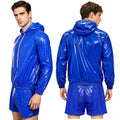 Mens 2 Pcs Waterproof Tracksuit Long Sleeve Front Zipper Hooded Jacket with Drawstring Elastic Waistband Shorts Gyms Sportwear