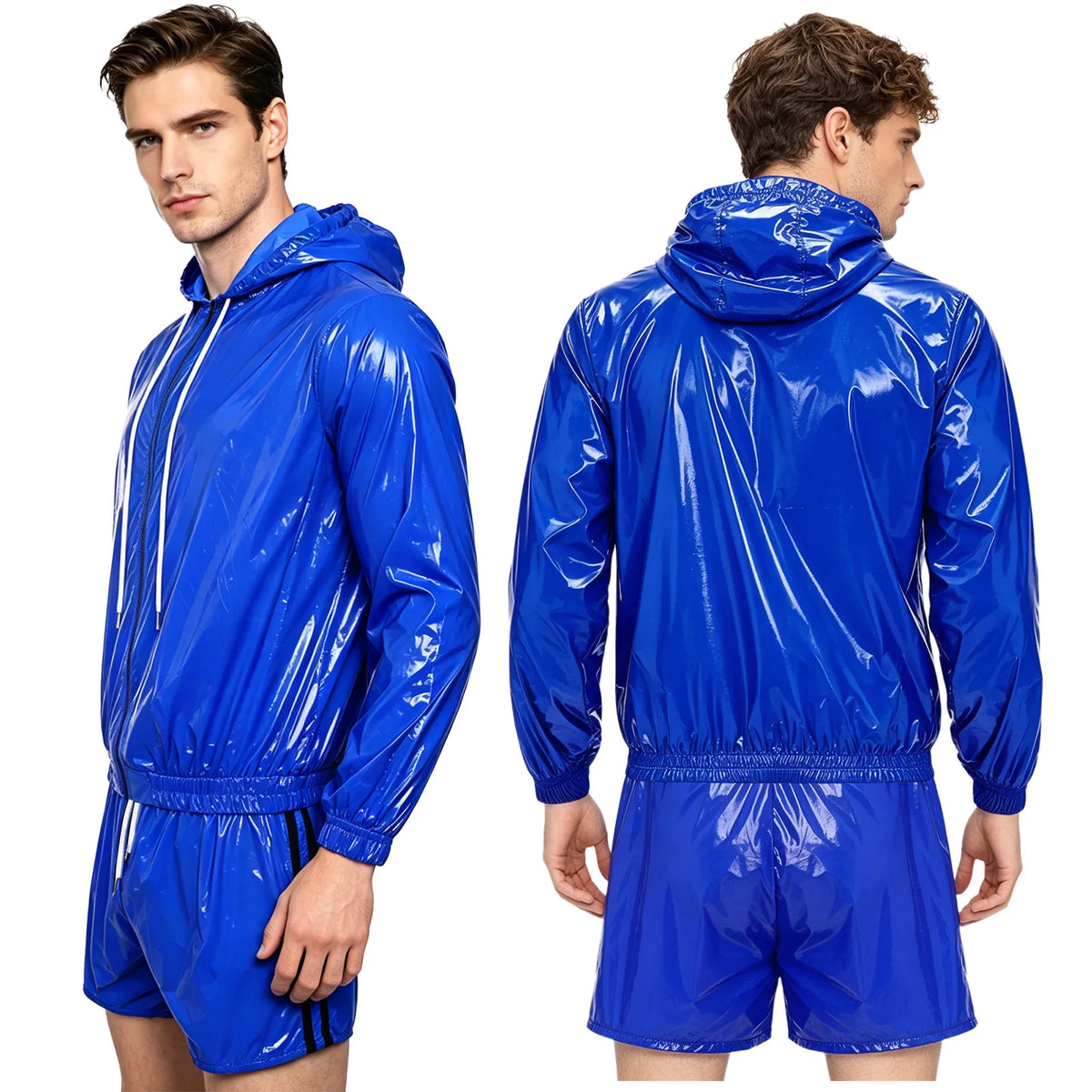Mens 2 Pcs Waterproof Tracksuit Long Sleeve Front Zipper Hooded Jacket with Drawstring Elastic Waistband Shorts Gyms Sportwear