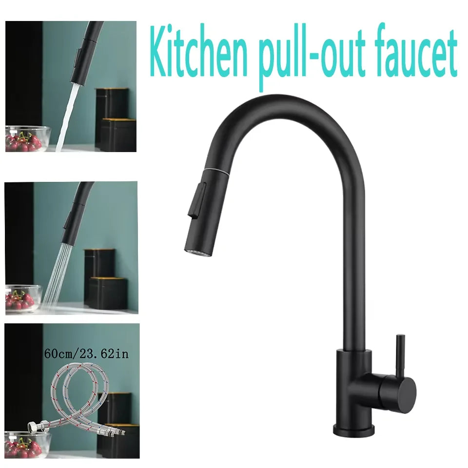 Black Kitchen Faucet Flexible Pull Out 2 Modes Nozzle Hot Cold Water Mixer Tap Deck Mounted Sprayer and Stream SUS 304 Faucets