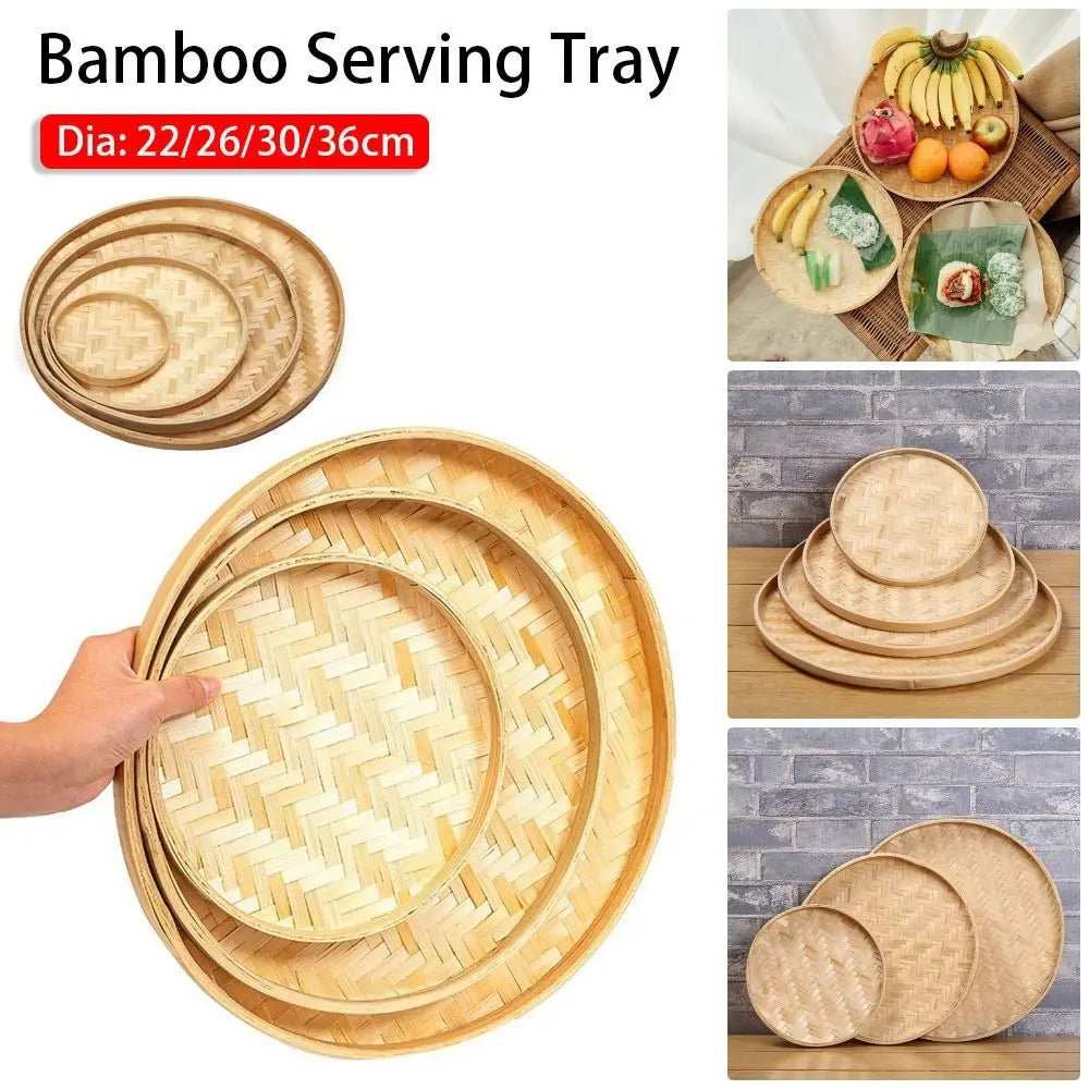 4 Size Hand-woven Bamboo Sieve Hand-painted Bamboo Raft Round Dustpan DIY Decorative Fruit Bread Basket Kitchen Storage Tray