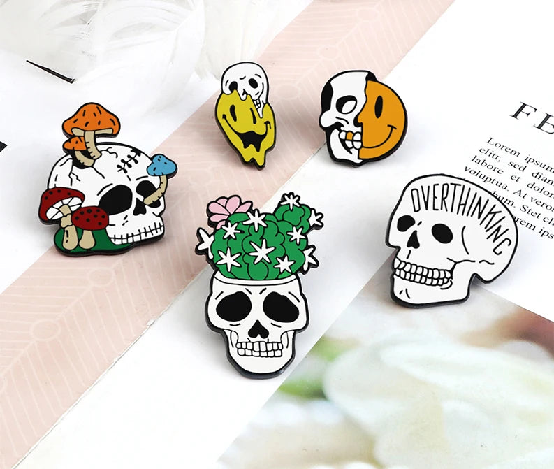 More Styles Halloween Day Punk Skeleton Enamel Pin Women Men Rose Flower Skull Brooches Metal Jean Coat Lapel Pin Badge Jewelry