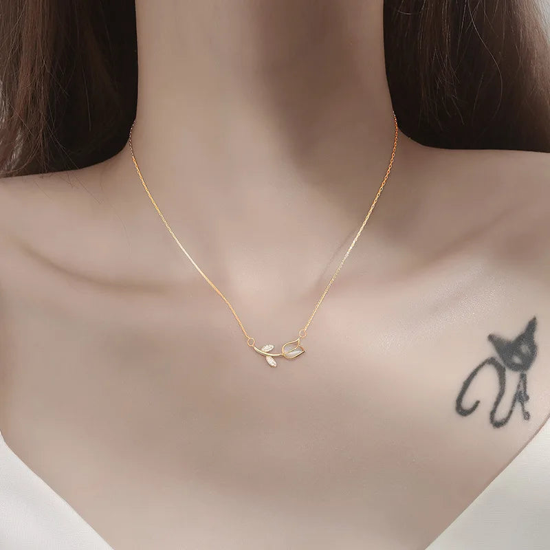 Stainless Steel Rose Tulip Crystal Necklace for women's wedding jewelry Cute Pendant chain women's party neck accessory Gift