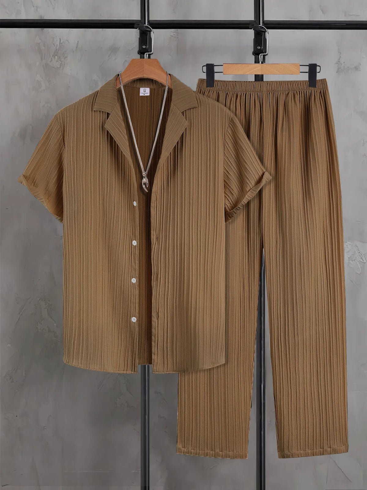 Men's Vertical Striped Texture Cuban Collar Two-Piece Set: Short-Sleeve Button-Up Shirt + Elastic Waist Straight-Leg Pants, Casual Vacation Style Summer Daily Outfit for Men