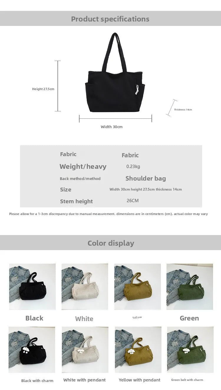 Corduroy Women Bag Fashionable Large Capacity Handbag Shoulder Bag Versatile Artistic Retro Student Class Bag with Zipper Pocket