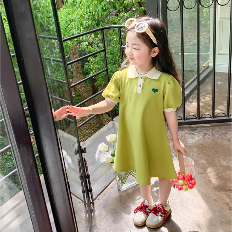New Casual Teenagers Girls Dress Summer Princess Cartoon Heart Lapel Dresses For 2-12 Years Girl Children Birthday Present