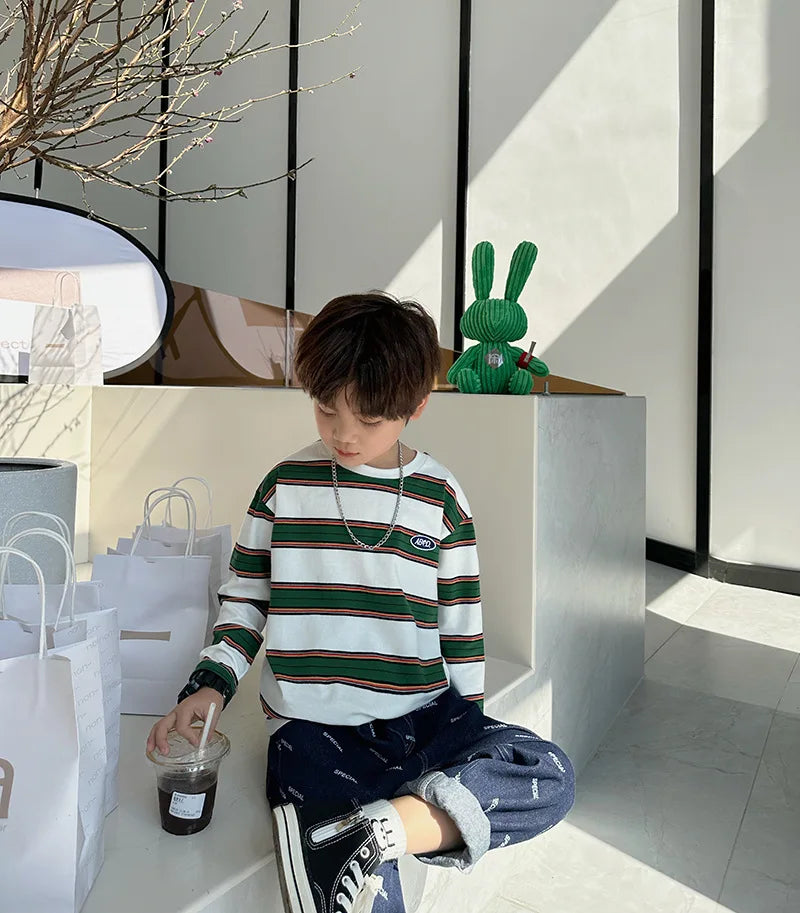 2025 autumn Children Clothes Girls Long Sleeves Bottoming Shirts Cool Boys Stripe Cotton T-shirt Teen Loose Casual 2-7y Kids Top