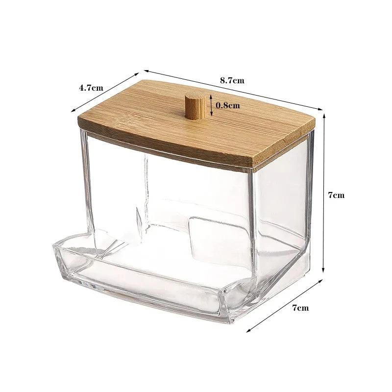 Cotton Swab Storage Box Double Head Wood Baby Cotton Swabs Transparent Square Bamboo Cover Cotton Buds Toothpick Organizer