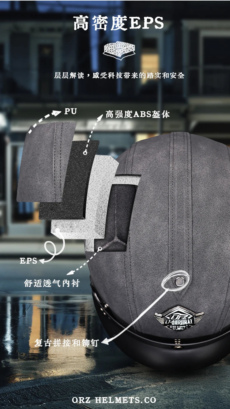 ORZ New PU Leather 3/4 Retro Cruising Motorcycle Helmet Summer Scooter Half Helmet with Mask Windshield DOT Approval