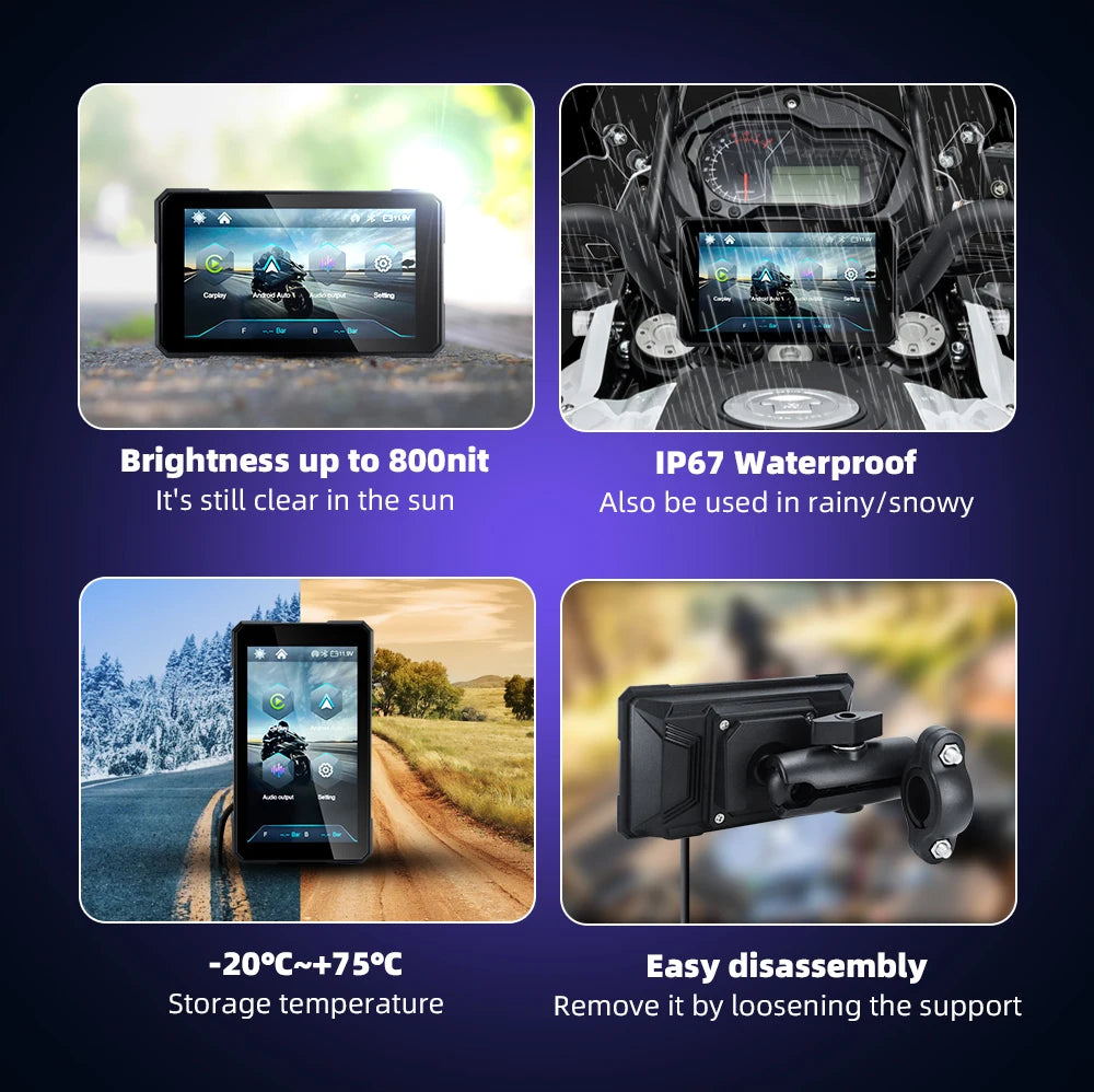 5" Smart Motorcycle Display, Wireless CarPlay & Android Auto,Navigation Support, Siri & Google Assistant, IP67 Waterproof