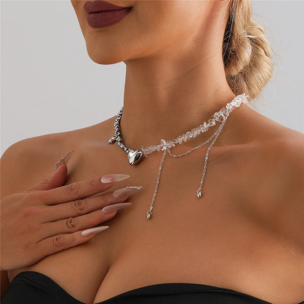 Trendy Irregular Crystal Beaded Necklace INS Style Elegant Starfish Tassel Necklace Luxury Heart Pendant Choker for Women
