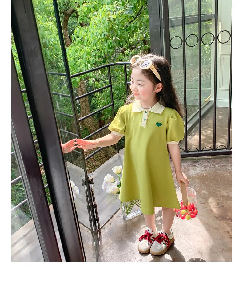 New Casual Teenagers Girls Dress Summer Princess Cartoon Heart Lapel Dresses For 2-12 Years Girl Children Birthday Present