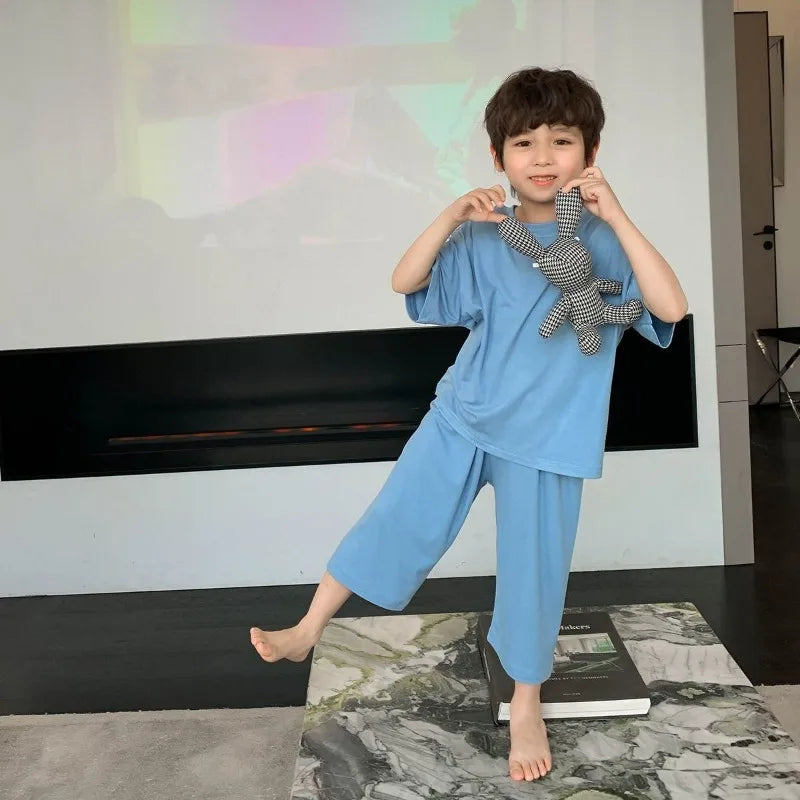 Summer Minimalist Boy Home Clothes Solid Color Loose and Comfortable Lightweight Sleepwear Casual Two-piece Set for Adults