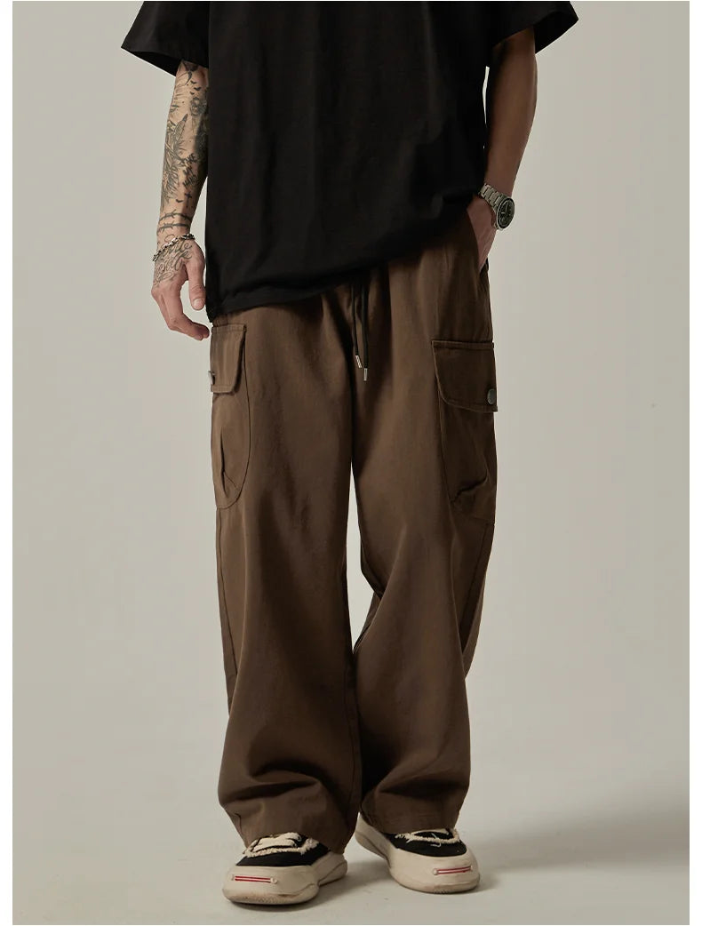 Men's Sweatpants 2025 Spring Autumn Vintage Japanese Wide Leg Straight Loose Button Big Pockets Cargo Pants Drawstring Trousers