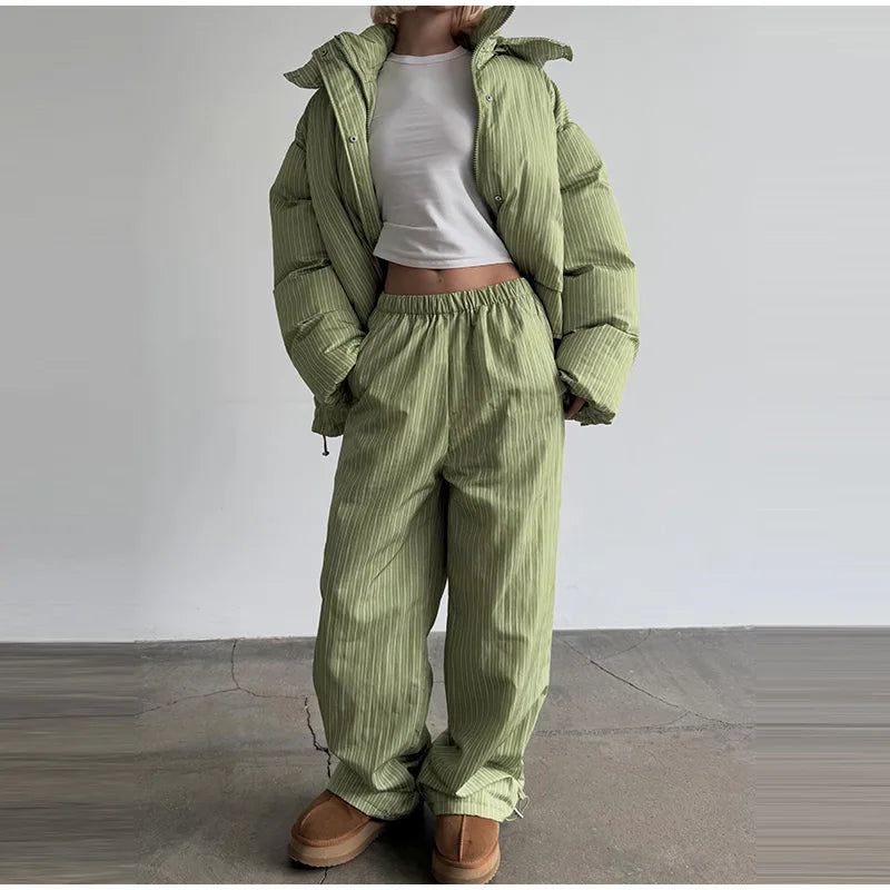 Chic Striped Hooded Puffer Coat Set Women Quilted Full Sleeve Zip Jacket Wide Leg Pants 2026 New Lady Autumn Winter Warm Outfit