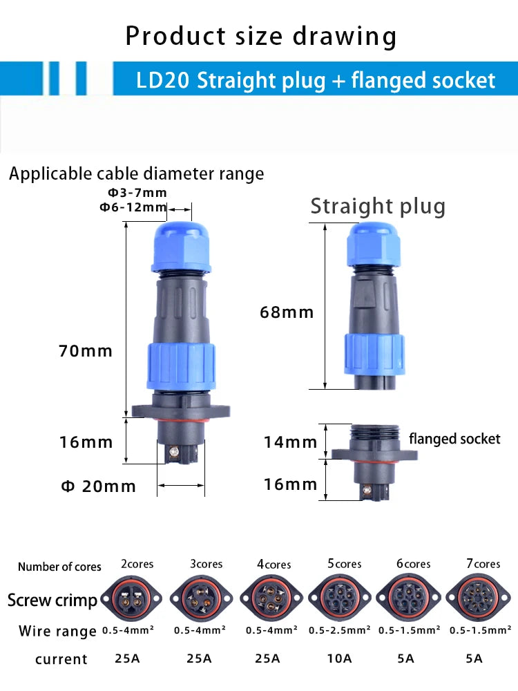 IP68 Waterproof Male Female Electrical Connector LD Series2/3/4/5/6/7/9-Pin Panel-Mount Screw Wire Cable Aviation Plug Connector