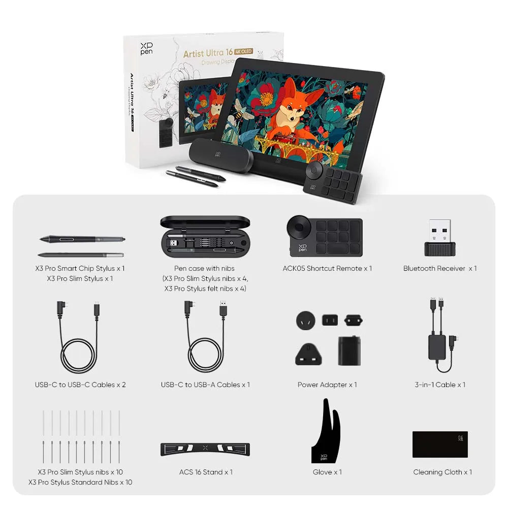 XPPen Artist Ultra 16 4K OLED Graphic Monitor New Touch-screen Drawing Display with Dual X3 Pro Stylus for 3D Modeling Animation